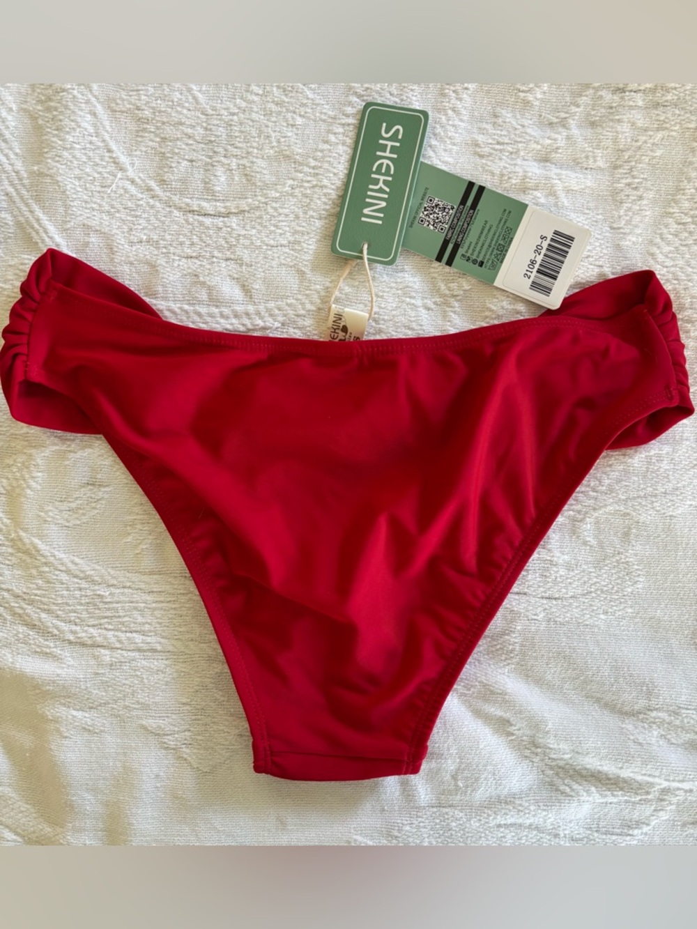 NWT Shekini Small Red Bikini Bottom Ruffles Ruching Cheeky Low Rise - Picture 2 of 5